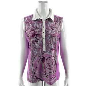 Daily Sports Womens Polo Golf Top Size XL Purple White Floral Rhinestone Snaps